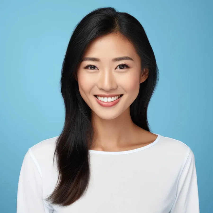 Smiling young Asian woman with long black hair wearing a white top against a light blue background