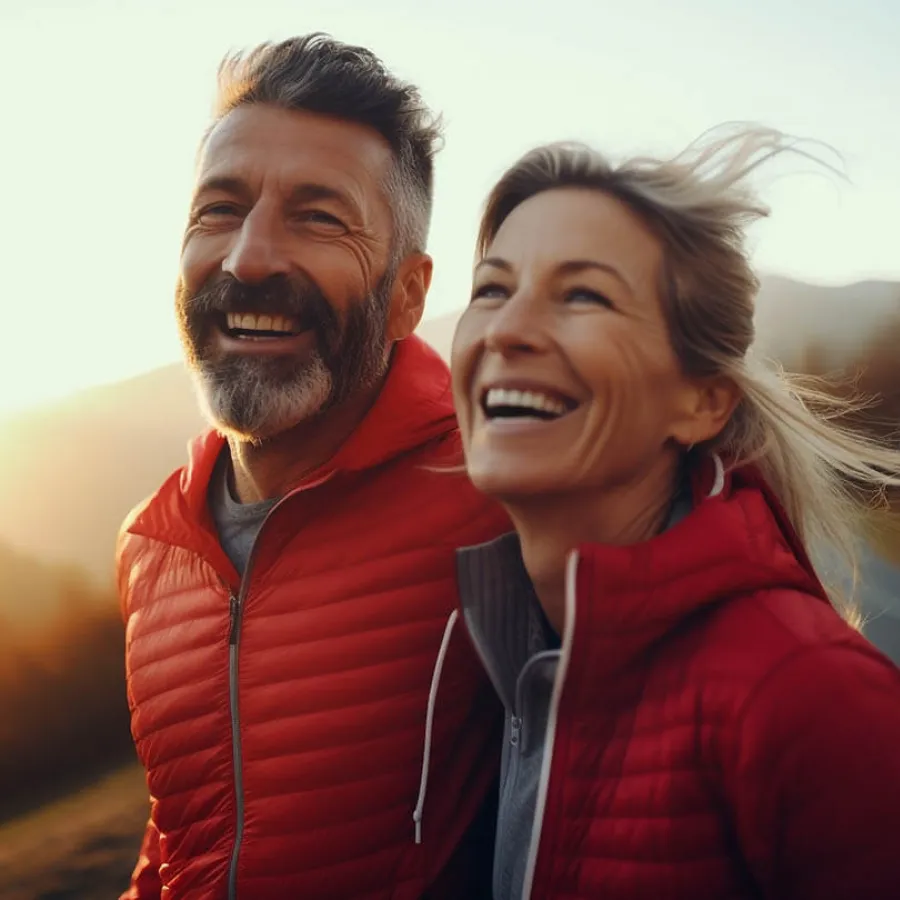 Smiling middle-aged couple wearing red jackets enjoying outdoor sunset with wind in woman's hair