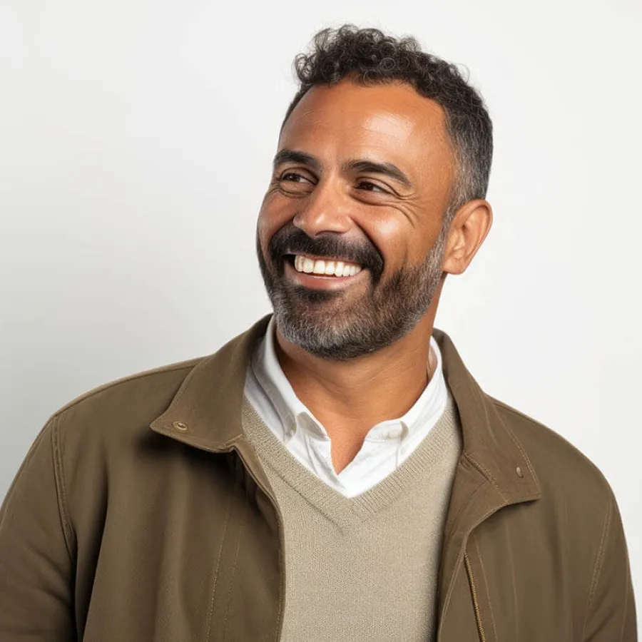 Smiling man with curly hair and beard wearing a brown jacket, beige sweater, and white shirt against a white background