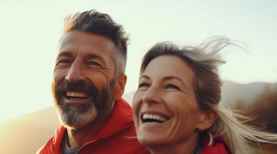 Smiling middle-aged couple wearing red jackets enjoying outdoor sunset with wind in woman's hair