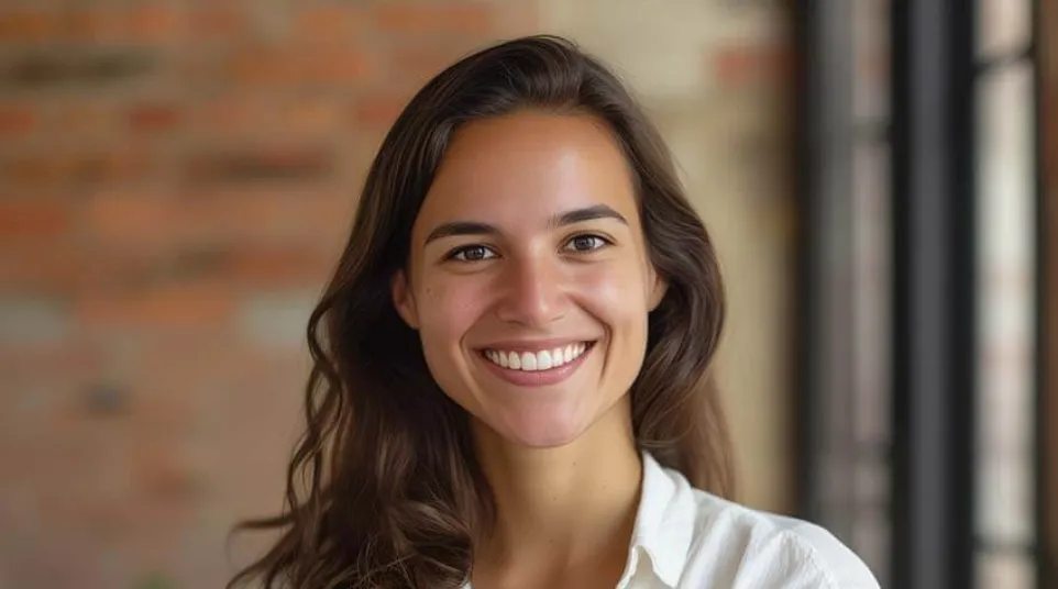 Smiling young woman with long brown hair wearing a white shirt standing with crossed arms in a cozy indoor setting
