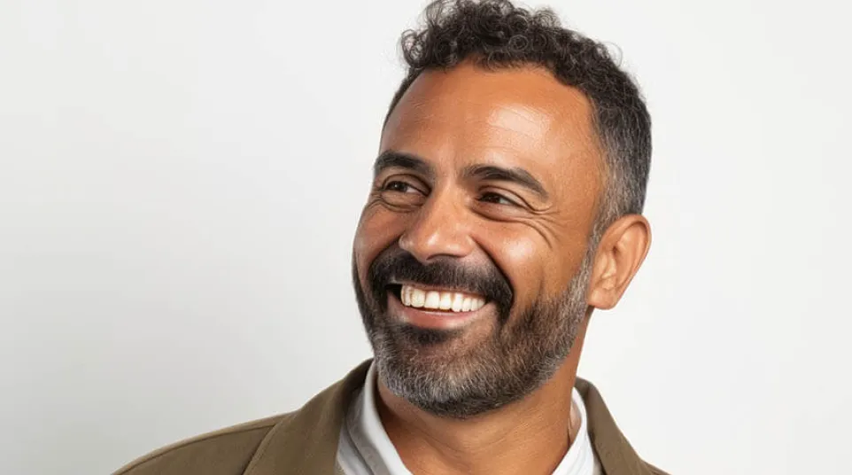 Smiling man with curly hair and beard wearing a brown jacket, beige sweater, and white shirt against a white background